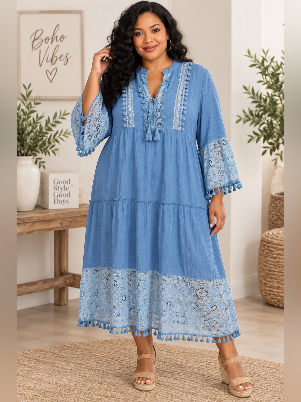 Boho Blue Tiered Midi Dress with Lace & Tassel Details – 2XL